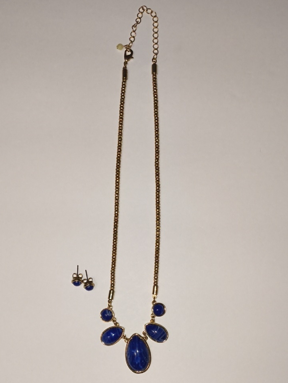 Gold-Tone Necklace and Stud Earrings with Blue Gemstones